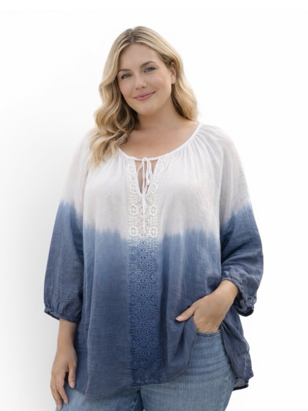 I.N. Studio White to Denim Blue Dip-Dye Peasant Tunic